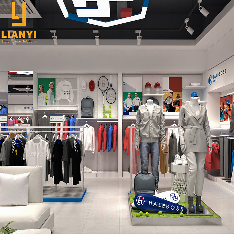 Diseño gratuito de la exhibición anidada de estantes de ropa decorativos con accesorios de tiendas de ropa deportiva minorista 