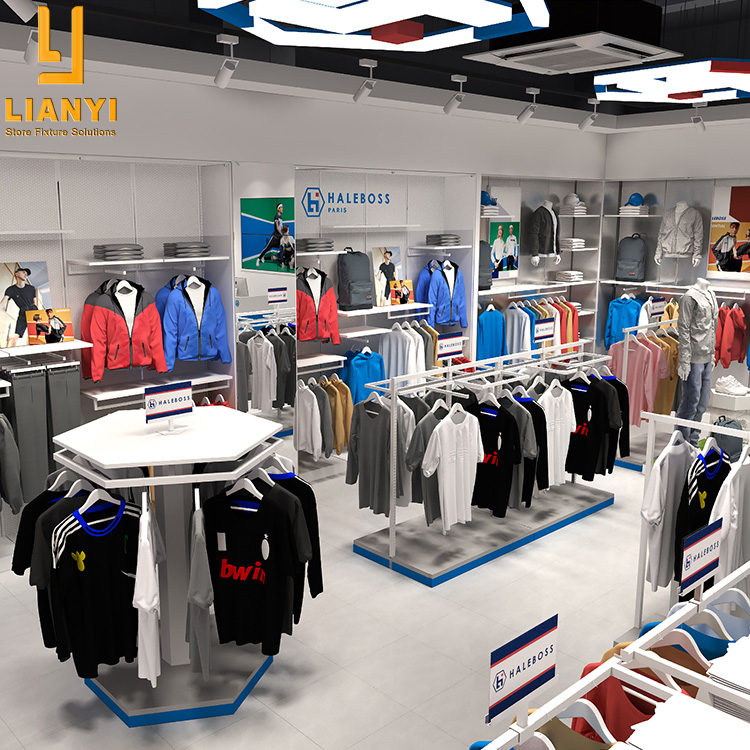 Diseño gratuito de la exhibición anidada de estantes de ropa decorativos con accesorios de tiendas de ropa deportiva minorista 